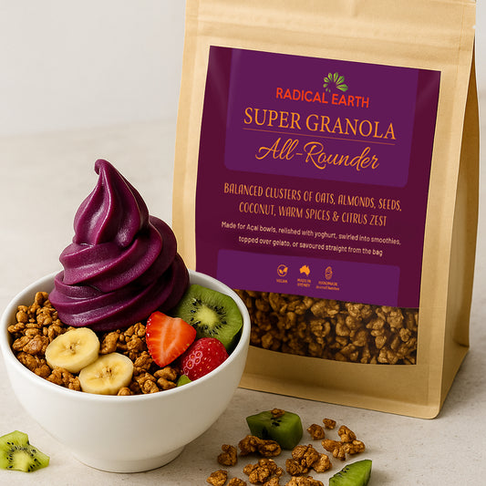 All-Rounder granola on acai bowl with fresh fruit